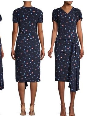 Jason Wu Cascade Crepe Midi Dress Silk Navy Floral Asymmetrical hem